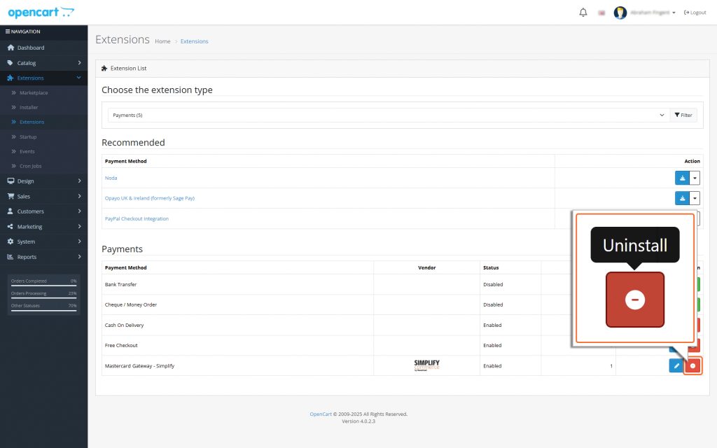 Uninstall_Extension_opencart