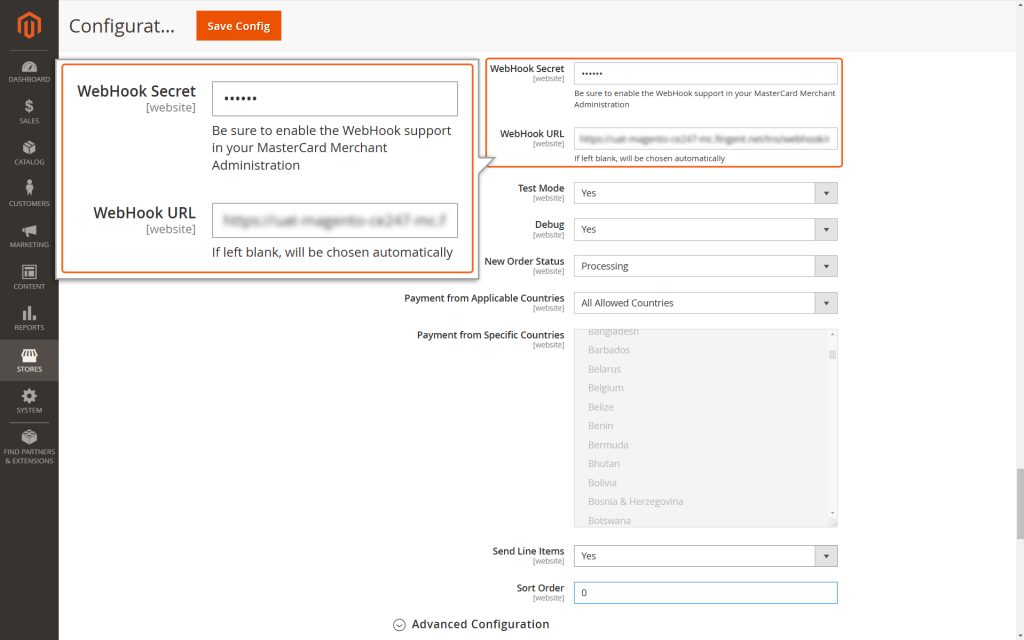 WebHook Secret, WebHook URL, Test Mode, Debug, New Order Status